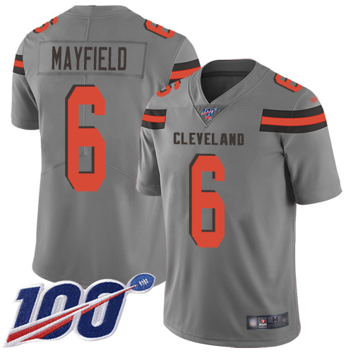 Cleveland Browns Baker Mayfield Men Gray Limited Jersey #6 NFL Football 100th Season Inverted Legend